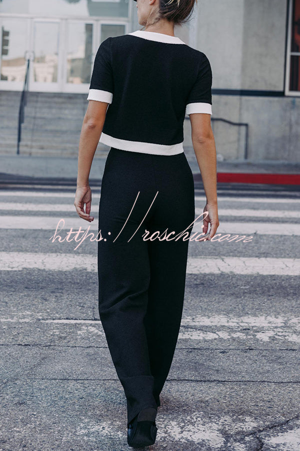 Fashion Contrast Color Knitted Stretch High Waist Casual Straight Pants