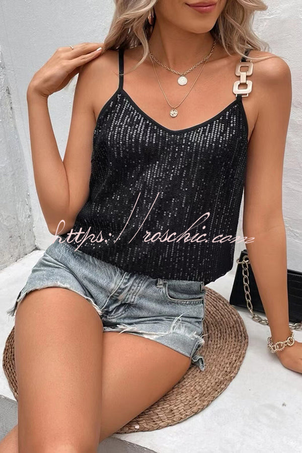 Dreamy and Dazzling Solid Sequin Buckle Cami Top