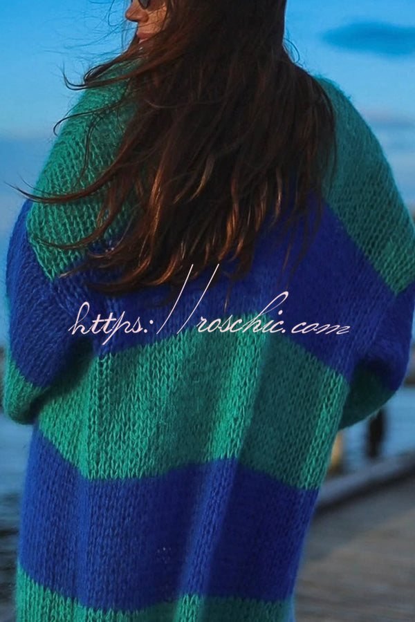 Fashionable Contrast Stripes Lazy Style Loose Long Knitted Cardigan