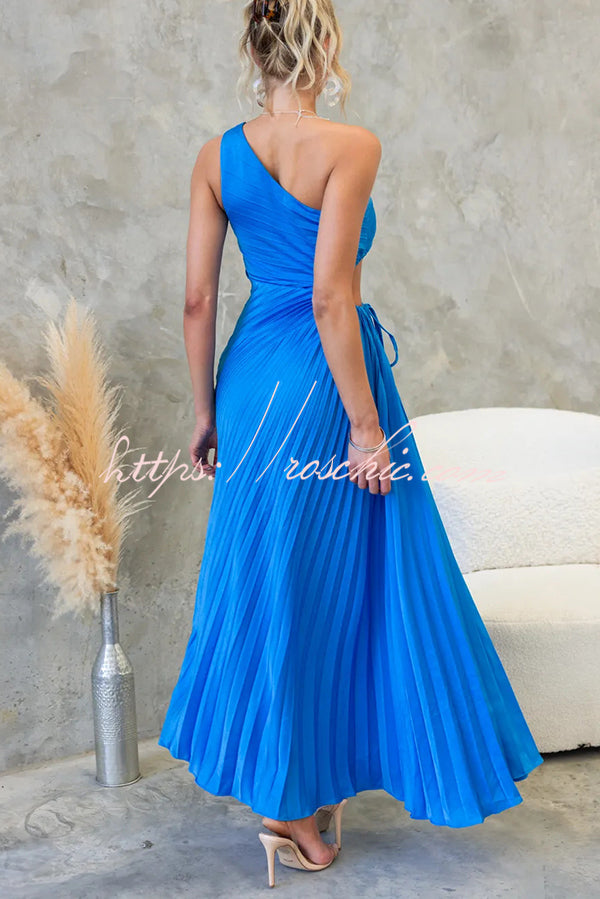 Charming One Shoulder Lace Up Cutout Pleated Maxi Dress