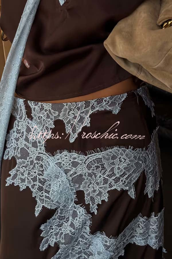 Sunday Social Contrast Color Satin Lace Trim Mid Rise Maxi Skirt (Shipped Within 24 Hours)