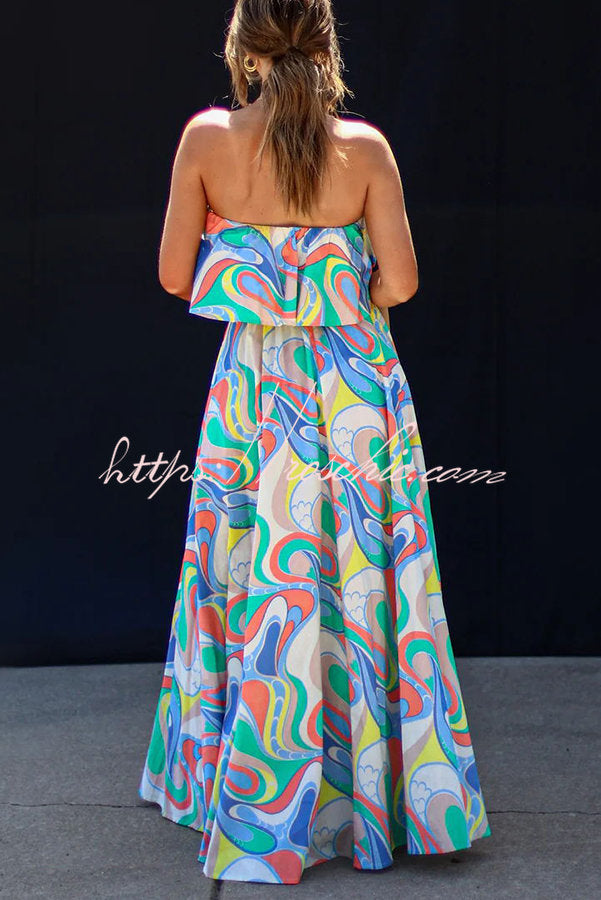 Like Fine Art Printed Strapless Elastic Waist Maxi Dress