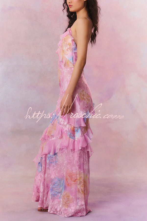 Multicolor Tie-dye Sexy Backless Wave-hem Strap Maxi Dress