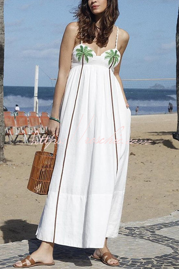 Coconut Tree Print Suspender Backless Large Hem Maxi Dress