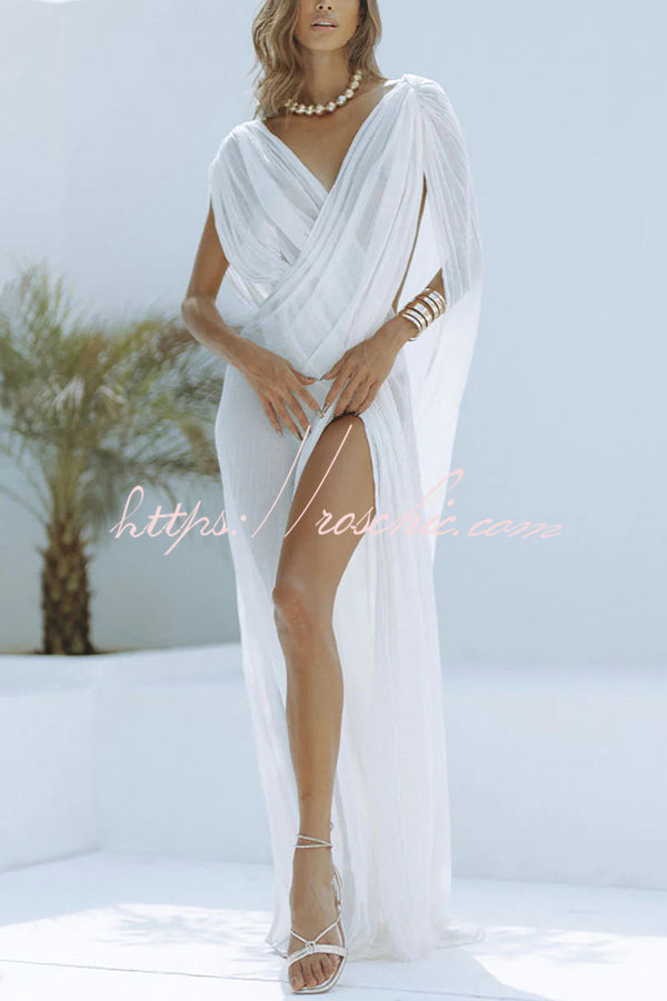 Enjoy Your Vacation Linen Blend Ruched Shoulder Drape Loose Cover Up Maxi Dress