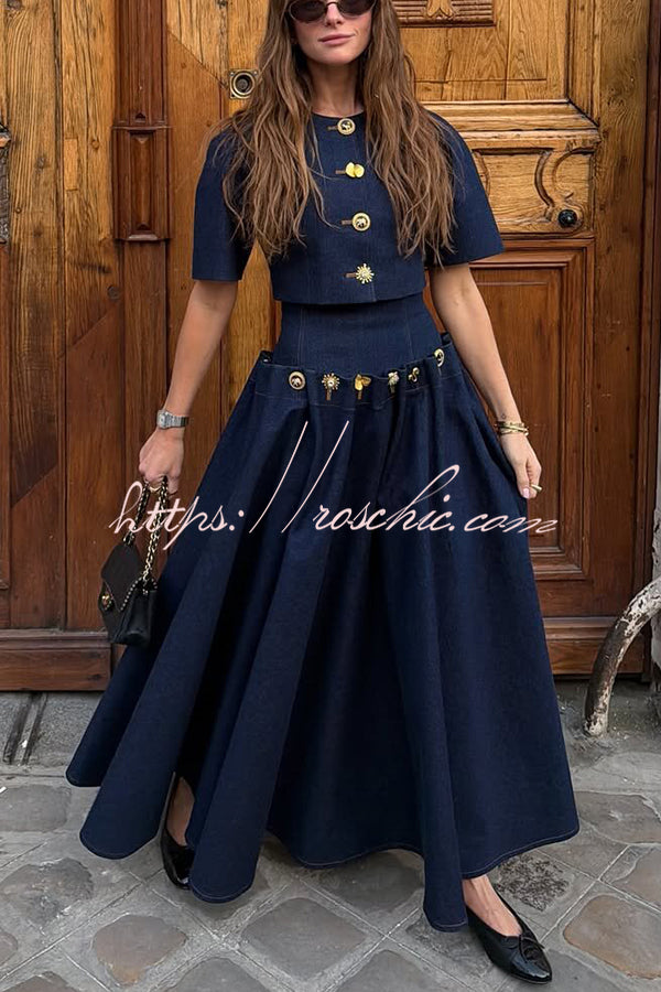 Custom Look Denim Unique Metal Pattern Buttons Lace-up Waist Crisp He   roschic