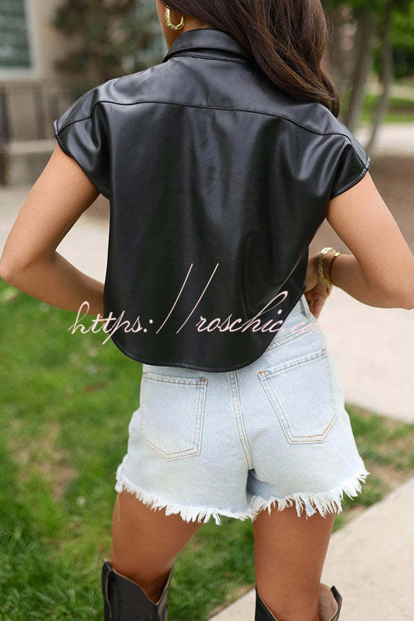 Fashion Faux Leather Pocket Sleeveless Cropped Jacket