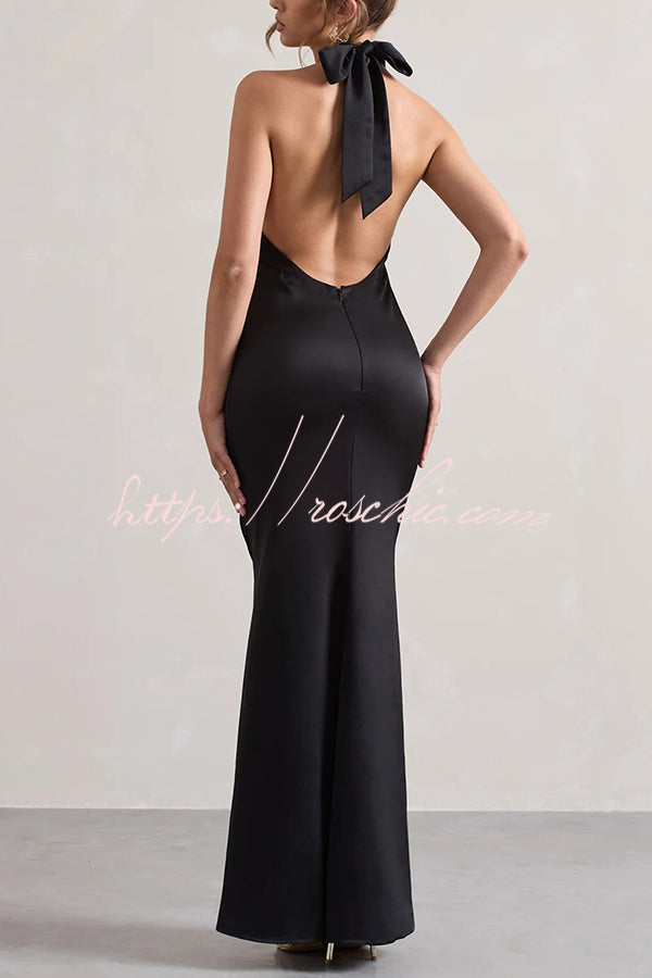 Solid Color Halter Neck Tie Sexy Backless Slim Maxi Dress
