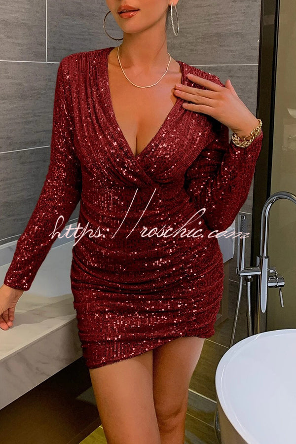 V Neck Wrap Hip High Waist Sequin Mini Dress