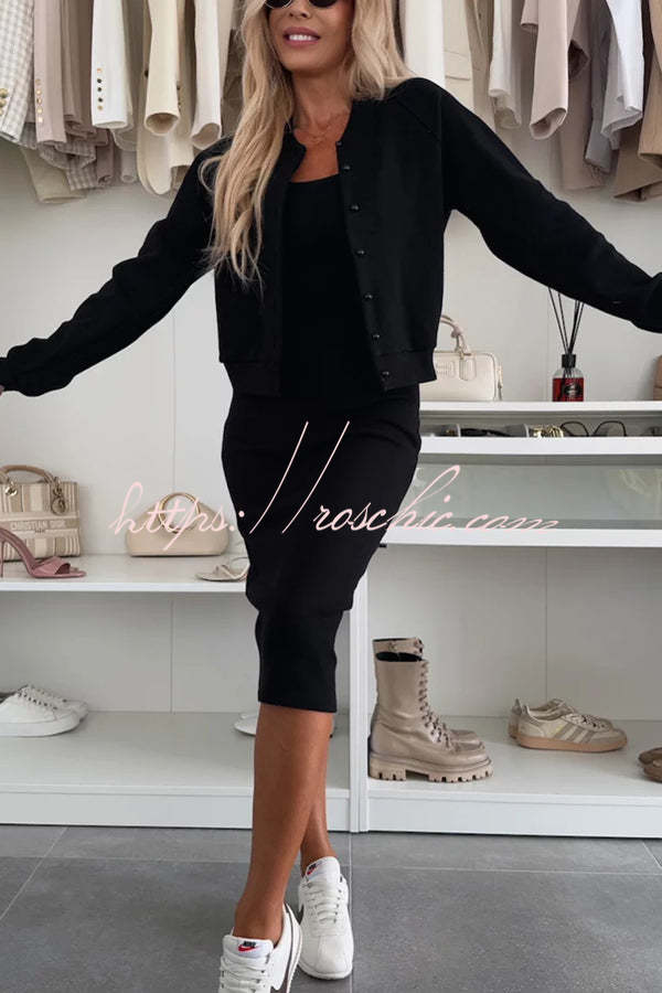 Comfort and Femininity Knit Ribbed Button Up Long Sleeve Bomber Jacket