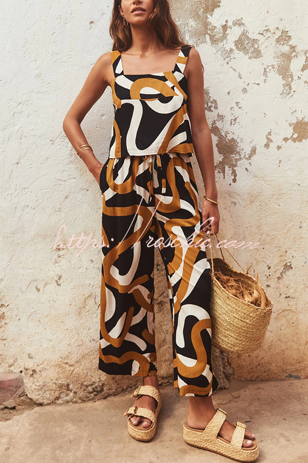 Printed Wide Straps Square Neck Tank and Pockets Elastic Waist Wide Leg Trousers Set