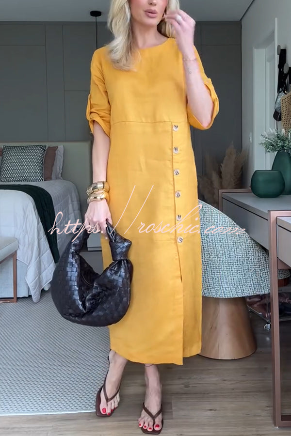 Ultra-comfortable Linen Blend Half Sleeve Front Button Detail Relaxed Pocket Midi Dress