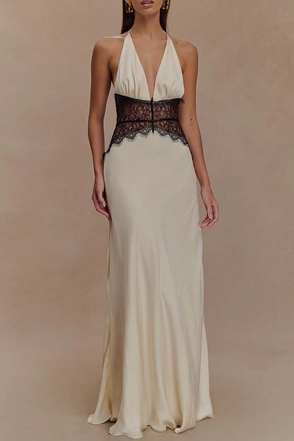 Seductive Details Satin Lace Waist Halter Tie-up Backless Maxi Dress