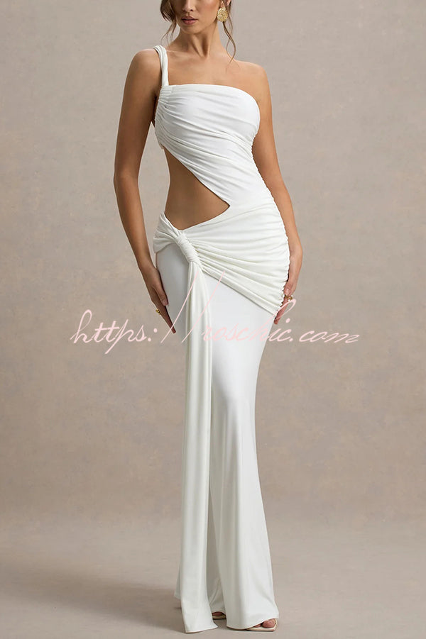 Sexy One-shoulder Backless Ribbon Pleated Slim Maxi Dress