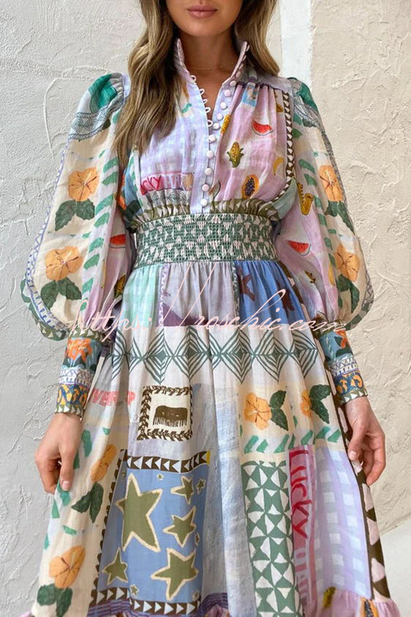 Playfully Chic Unique Print Balloon Sleeve Smocked Waist Shirt Midi Dress