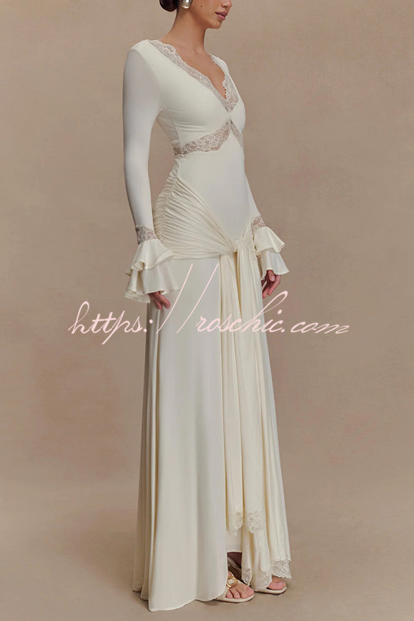 Fashion Lace Splicing Sexy V-neck Long-sleeved Slim Maxi Dress