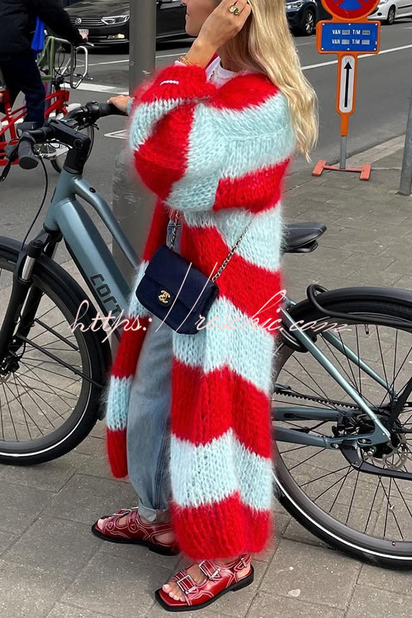 Fashionable Contrast Stripes Lazy Style Loose Long Knitted Cardigan