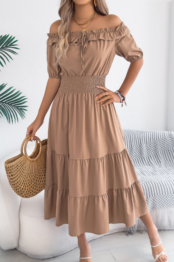 Stylish Off-shoulder Short-sleeved Pleated Waist Casual Midi Dress – roschic