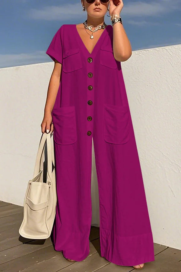 Solid Color V-neck Single-breasted Pocket Loose Casual Jumpsuit
