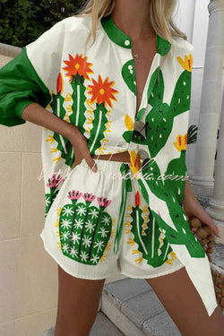 Beautiful Contrasting Cactus Print Button Pocket Lace Up Shorts Set