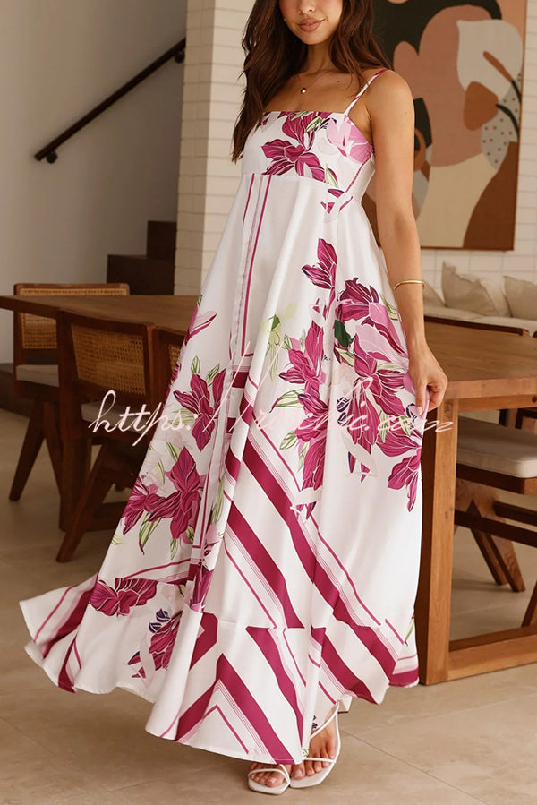 Botanical Print Halter Square Neck Pleated Loose Maxi Dress