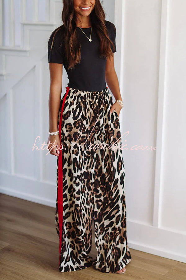 Leopard Print Elastic Waist Pocket Loose Wide Leg Pants