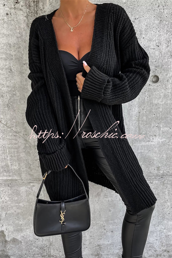 Solid Color Striped Pocket Long Sleeve Cardigan