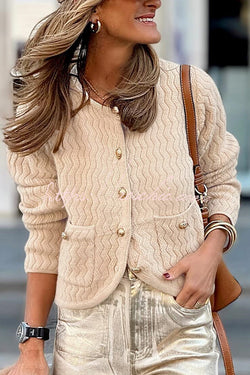 Solid Color V-neck Long-sleeved Loose Pocket Knit Cardigan