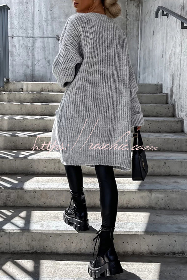 Solid Color Striped Pocket Long Sleeve Cardigan