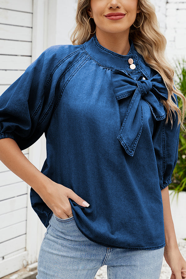 Fashion Loose Bow Lantern Sleeve Casual Denim Shirt