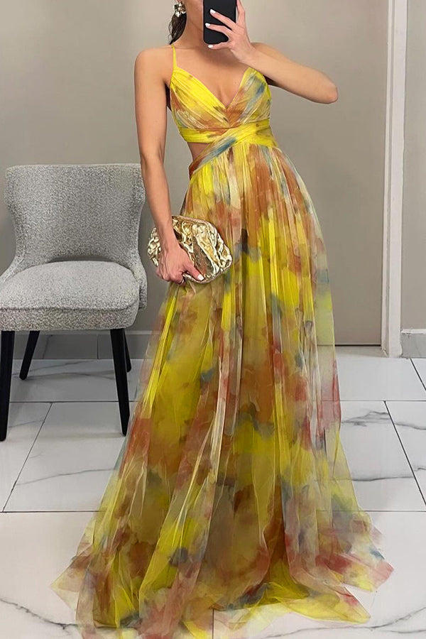 chinese dress ladies Giselle Tulle Render Floral Print Cutout Waist Back Lace-up Maxi Dress –  roschic
