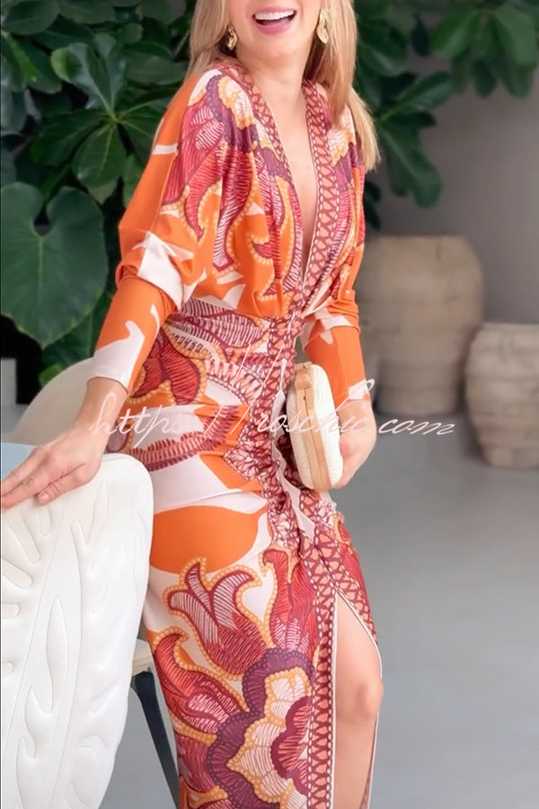 Vintage Baroque Deep V Neck Long Sleeve Slit Bodycon Dress Casual Ruched Slim Fit Vacation Dress Orange XL by Chicme
