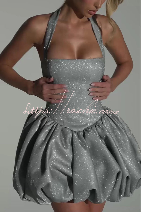 Araminta Glitter Fabric Square Halter Tie Neck Back Lace-up Fluffy Bubble Mini Dress