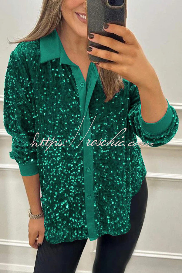 Fashion Velvet Sequined Loose Casual Long-sleeved Shirt