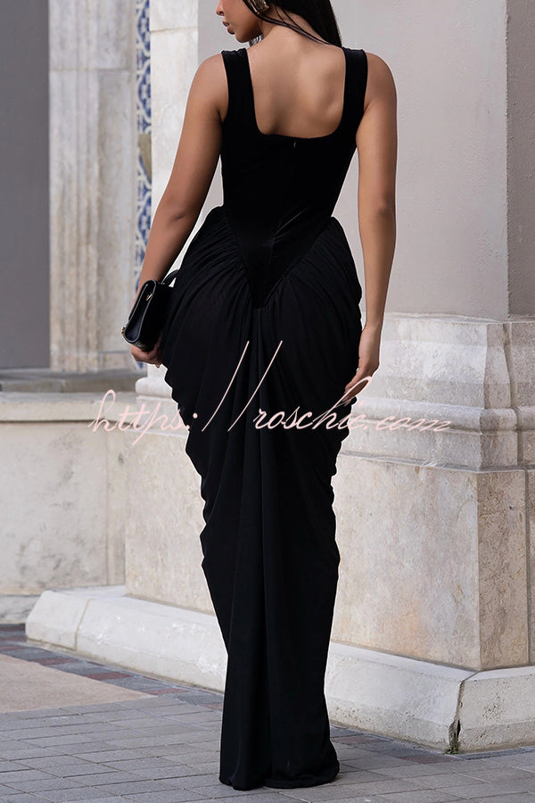 Fashionable Velvet Patchwork Square Neck Sleeveless Draped Maxi Dress