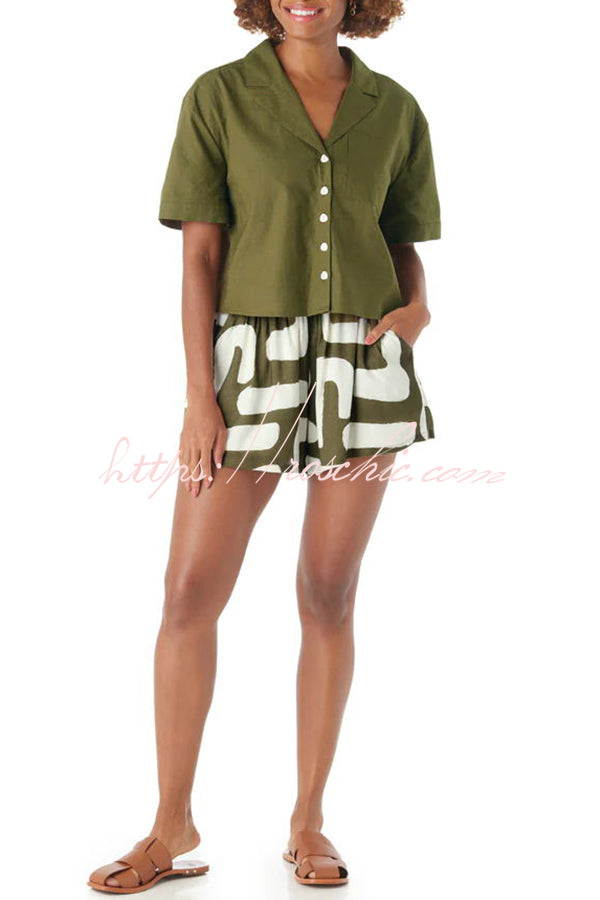 Vacation Chic Linen Blend Unique Print Square Tank and Elastic Waist Pocketed Shorts Set