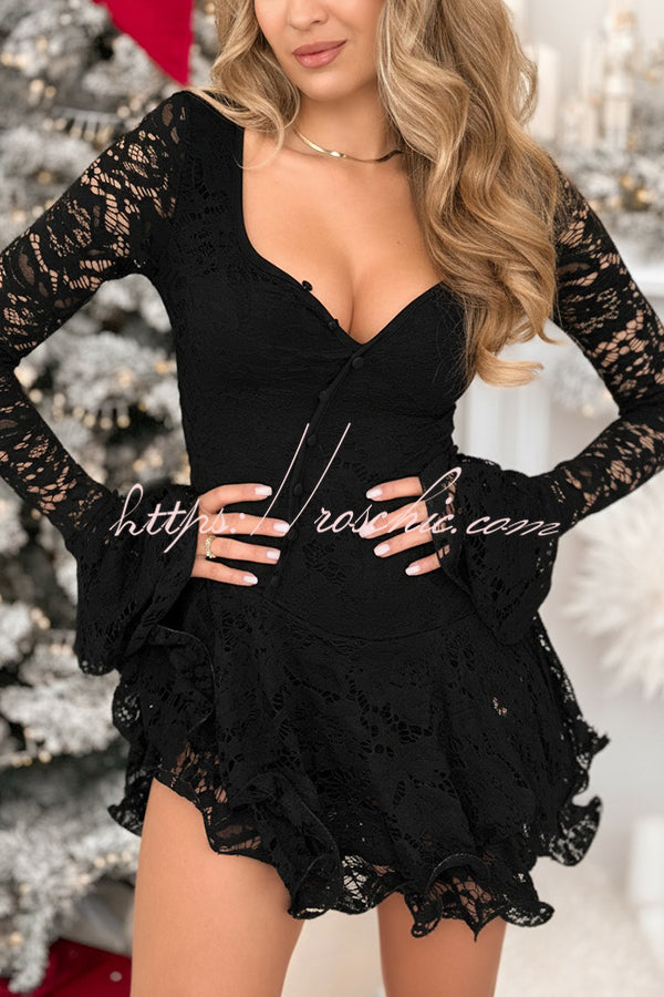 Spake To Me Lace Ruffles Button Up Long Bell Sleeve Asymmetrical Hem Stretch Romper