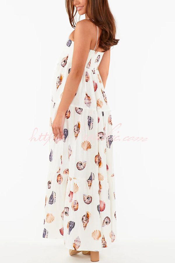 Long Weekend Linen Blend Shells Unique Print Smocked Pocket Lightweight Maxi Dress