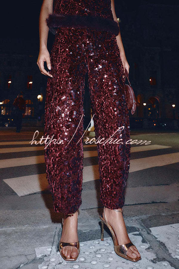 Gala Goddess Sequin High Rise Zipper Waist Wide Leg Pants
