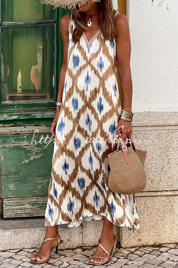 Irregular Print Elastic Waist V Neck Slit Maxi Dress