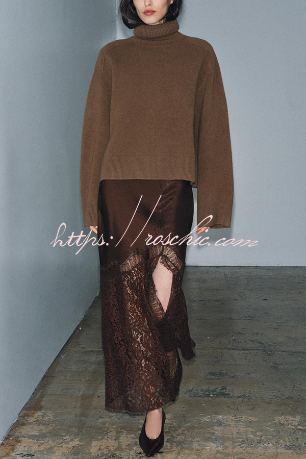 Cozy Sweet Darling Satin Lace Patchwork Mid Rise Slit Maxi Skirt