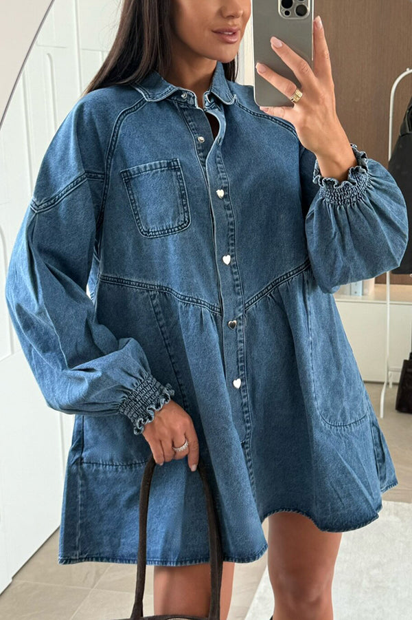 Fashion Heart Button Long Sleeve Casual Pocket Denim Mini Dress