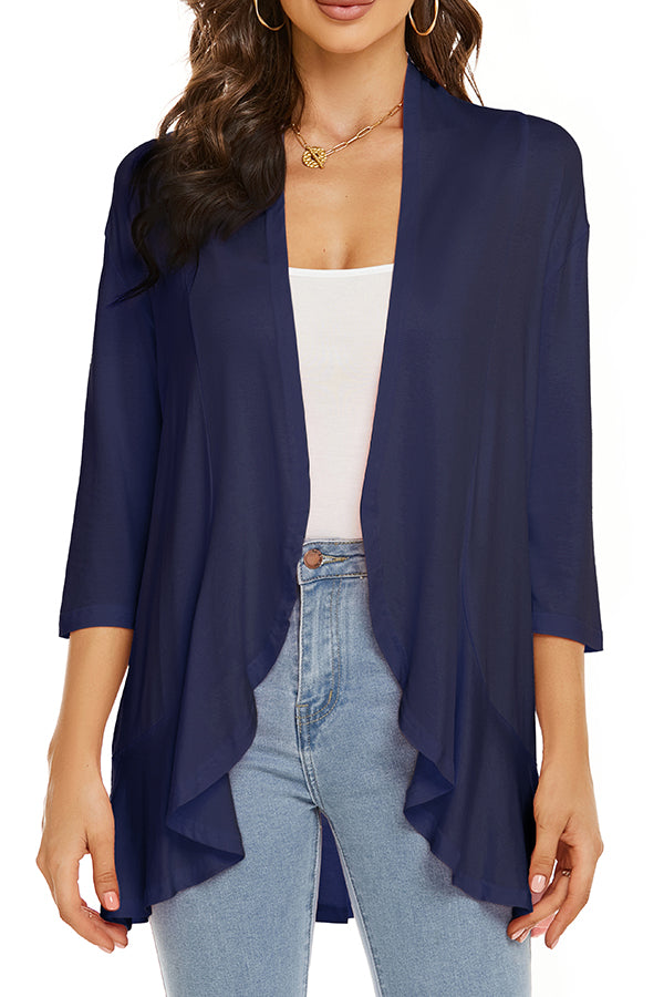 Solid Color Casual Three-quarter Sleeve Ruffled Loose Cardigan