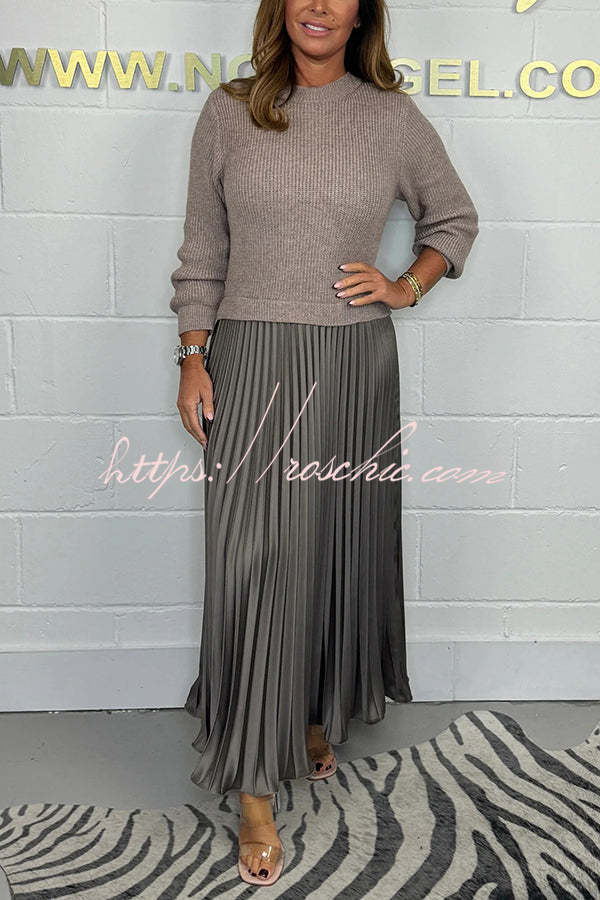 Audrey Ribbed Knit Long Sleeve Top Patchwork Satin Pleated Maxi Dress