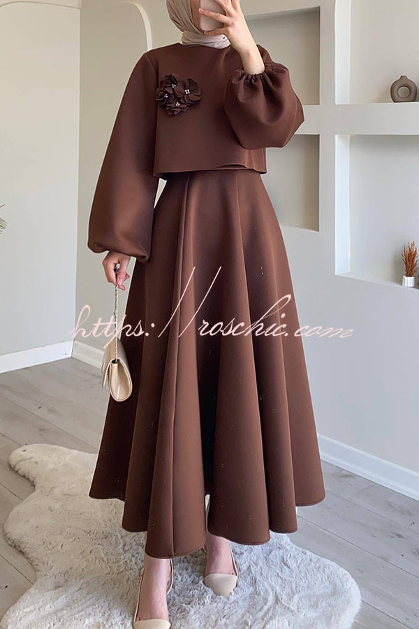 Solid Color Flower-embellished Lantern Sleeve Loose Top and Casual Maxi Skirt Set