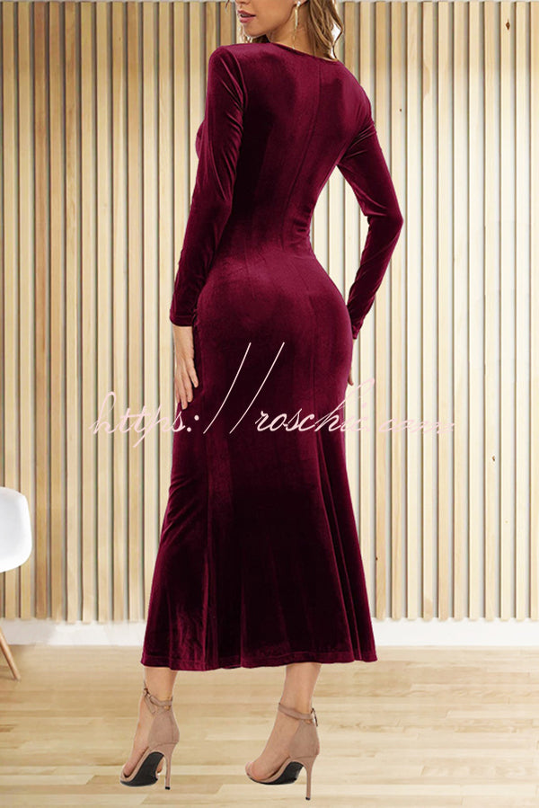 Solid Color Velvet Long Sleeve V-neck Slim Fit Fishtail Maxi Dress