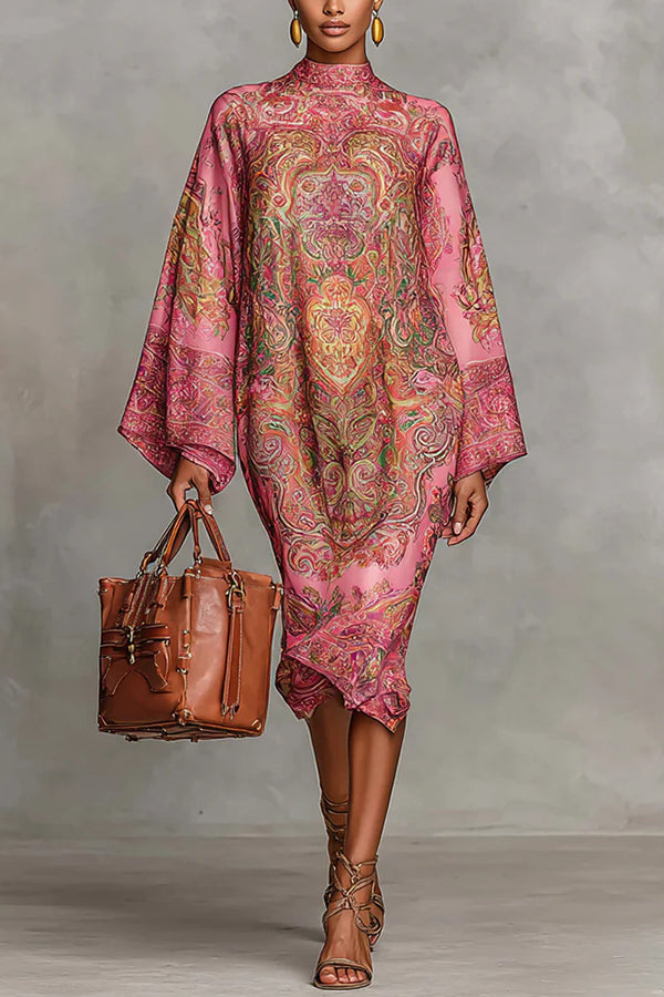 Retro Unique Print Casual Long-Sleeved Loose Midi Dress, Multicolor / S Retro Unique Print Casual Long-Sleeved Loose Midi Dress, Multicolor / S