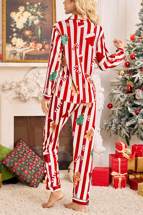 Color-blocked Striped Christmas Print Casual Long-sleeved Shirt and Elastic Waist Pants Set