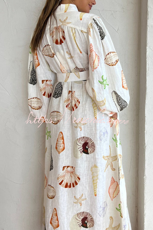 Swinton Marine Element Print  Pocket Balloon Sleeve Belted Maxi Dress