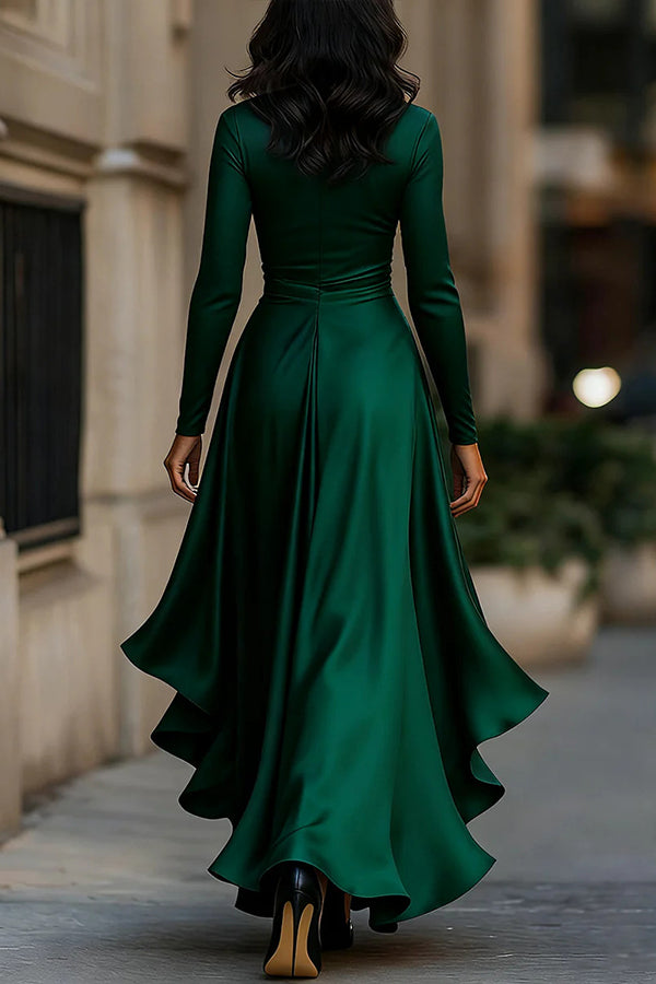 solid color maxi dress Solid Color Satin V-neck Long-sleeved Elegant Ruffled Maxi Dress – roschic